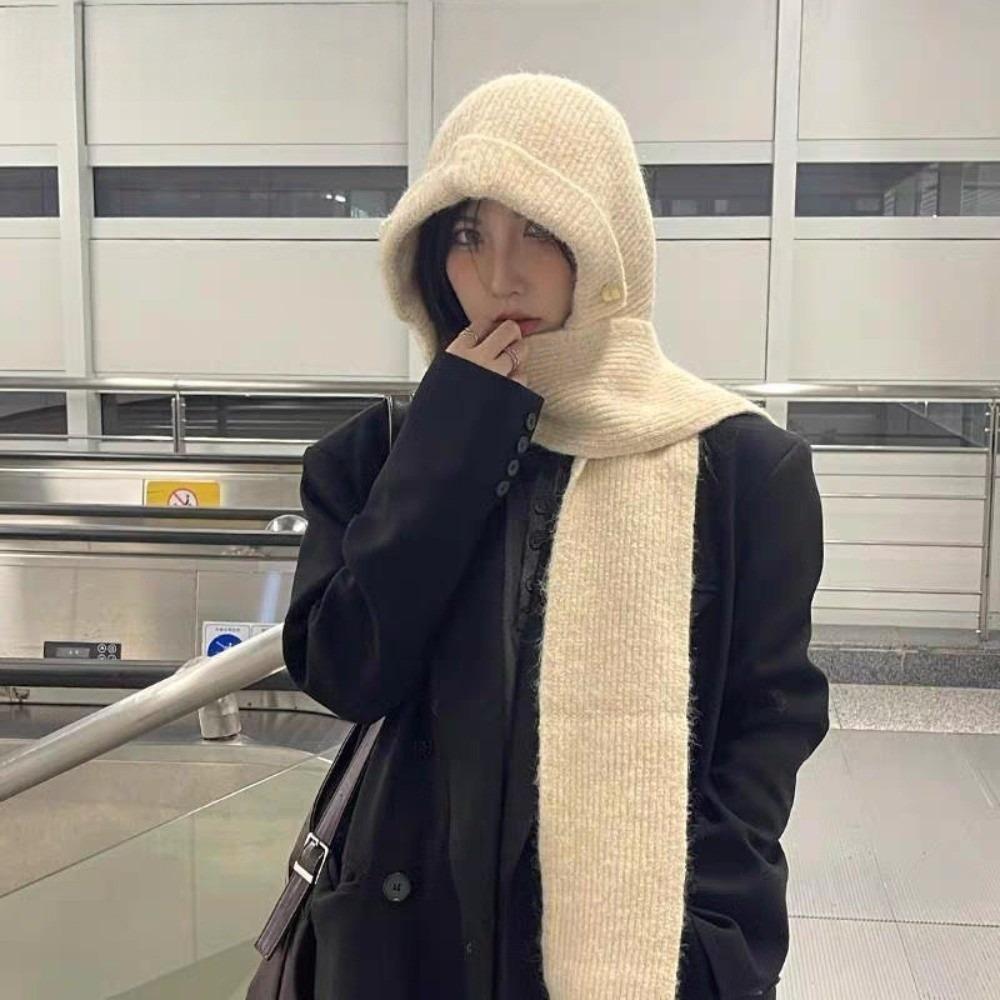 Solid Color Hooded Hat Warm One-Piece Scarf Cap Fashion Knitted Winter Balaclava  Outdoor