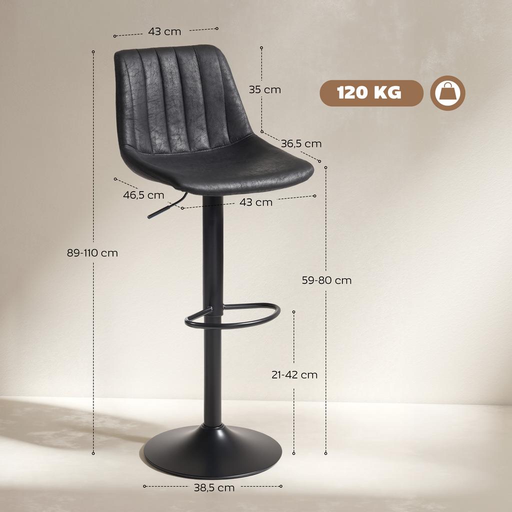 Set of 2 Bar Stools in Retro Design, incl. Footrest, Height-Adjustable, Gas Lift, Black