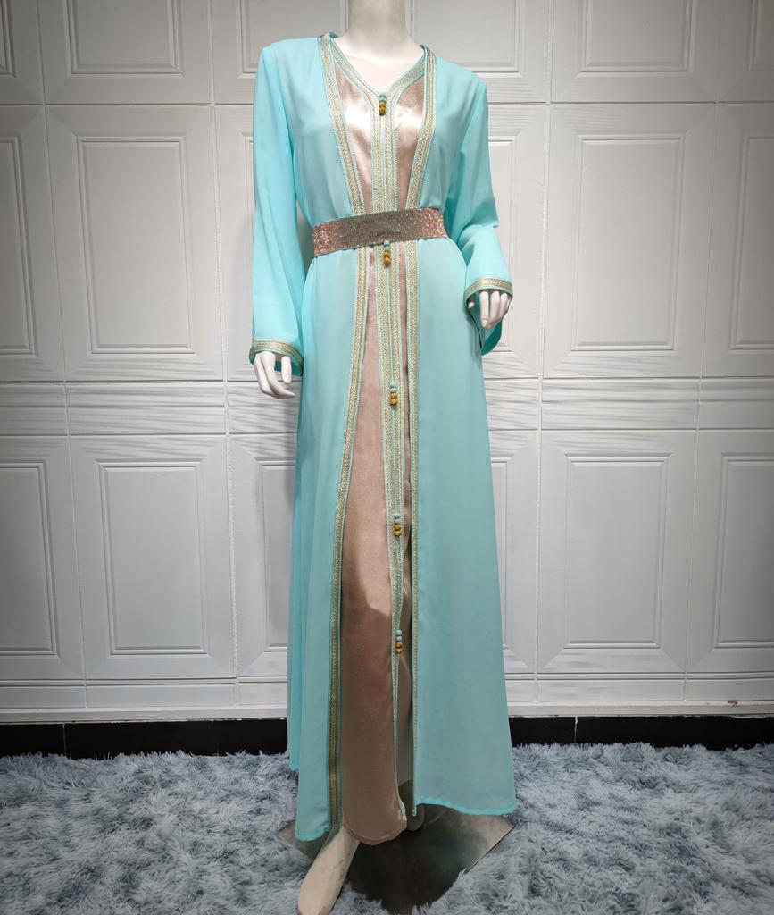 Женский шифон с V-образным вырезом, облегающий комплект из двух предметов, мусульманское платье, халат Dubai, многоцветный