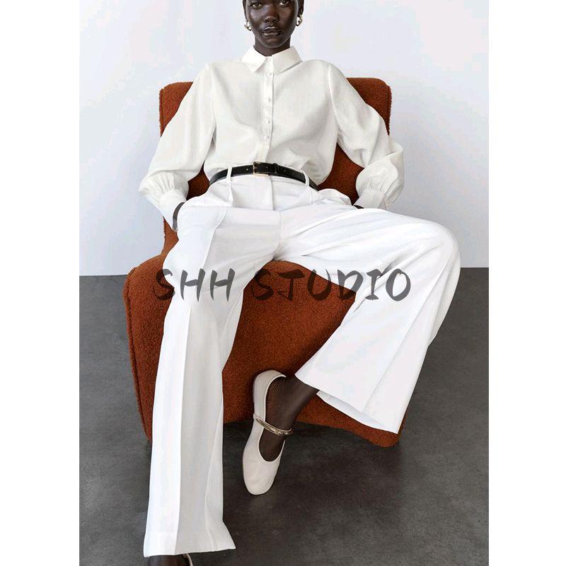 Spring New Women's Clothing Hong Kong Style Commute Style Lapel Long Sleeves Lining Button Decoration Drape Shirt 2157023