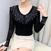 Весна Осень Женская Футболка с Рюшами и Стразами Горячей Фиксации Элегантные Футболки с Длинным Рукавом Приталенные Женские Топы