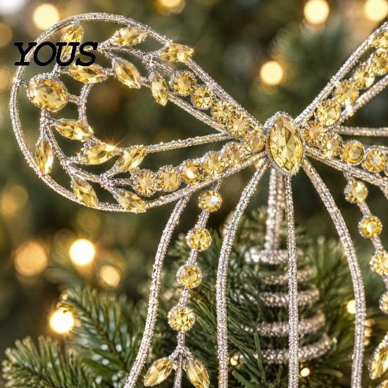 Modern Gold Christmas Ornament Iron Bow Tree Topper, Rhinestone Hollow-Cut Metal Topper with Spiral Base, Elegant Holiday Decoration Reusable