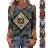 Ayollar uchun moda vintage 3/4 yengli top, ayollar kundalik uch chorak yengli dumaloq yoqali bosmali futbolka bluzka