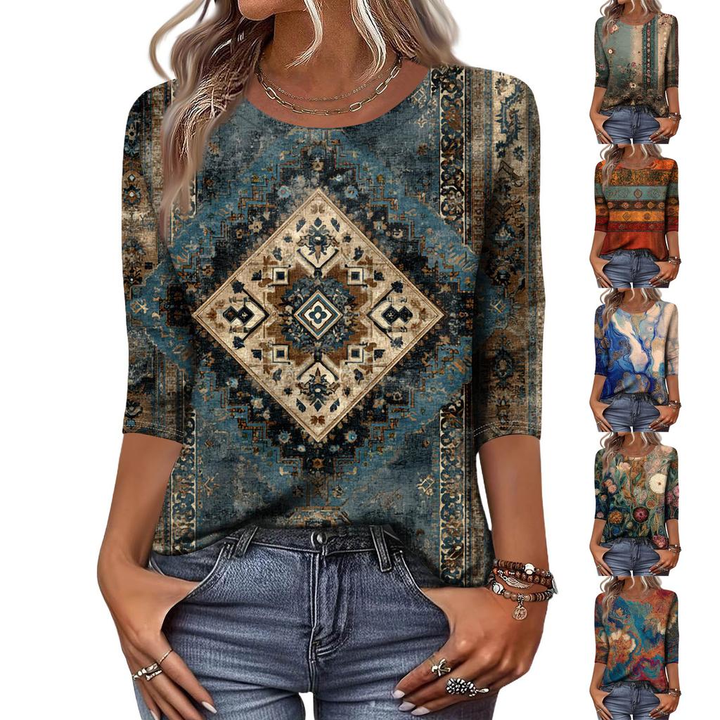 Trendy Vintage 3/4 Sleeve Top For Women,Ladies Casual Three Quarter Sleeve Round Collar Printed T-Shirt Blouse
