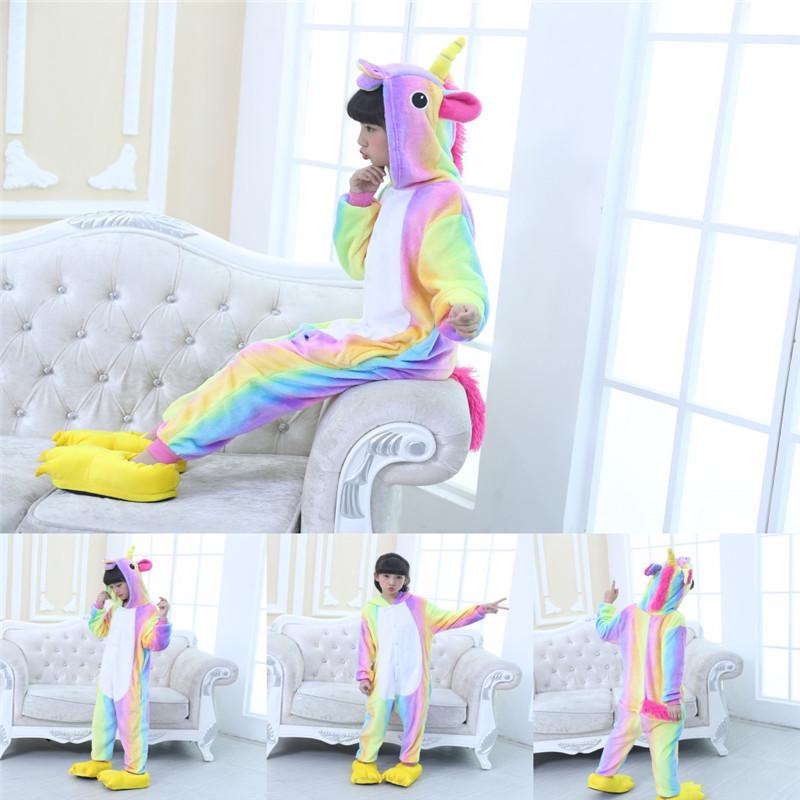 Rainbow Unicorn Kigurumi Pajamas for Kids Unisex Animal Flannel Cosplay Sleepwear with Shoes Boy