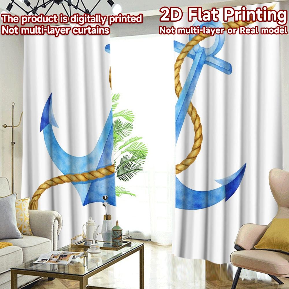 2D FLAT PRINTING 2pcs Curtains (Without Rod) Blue Anchor with Rope Modern Creative Curtains Yarn Curtains Decorations For Home