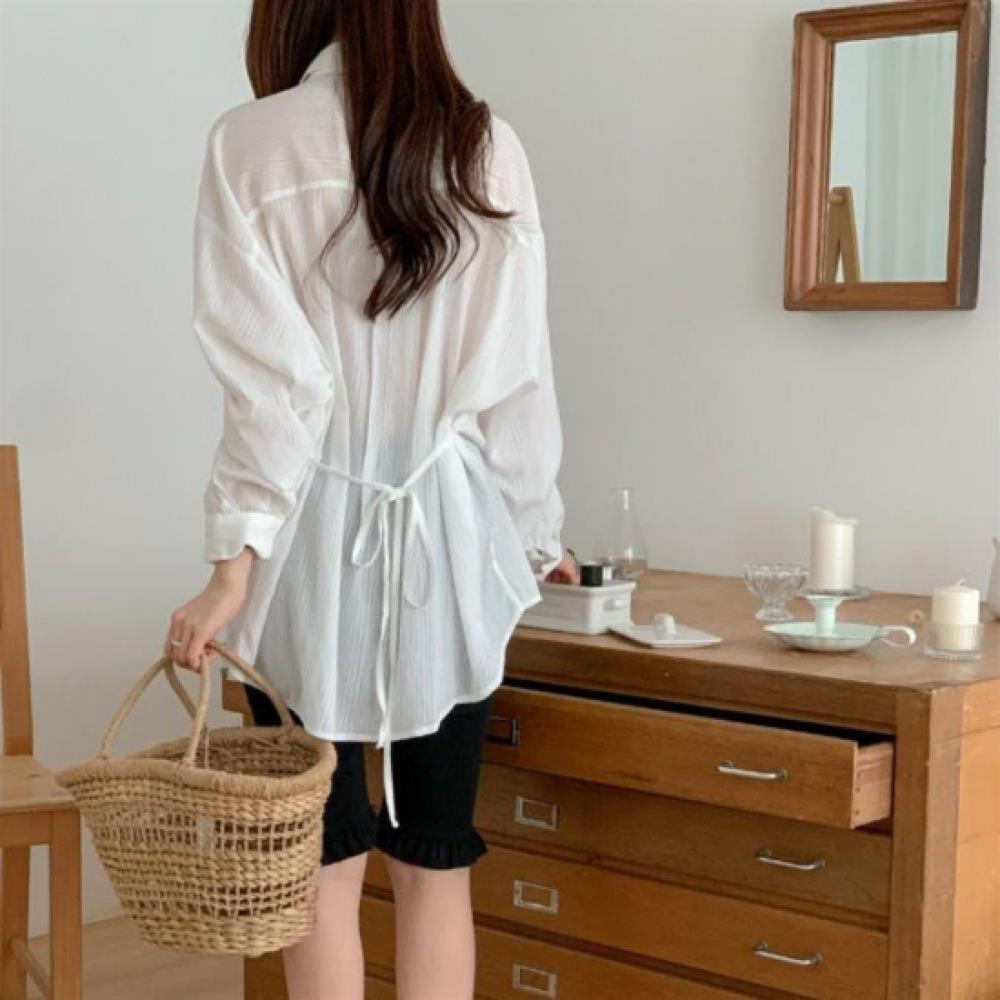 New ArrivalS Open Run Women S looSe Fit Stripe Sheer waiSt Ribbon Shirt