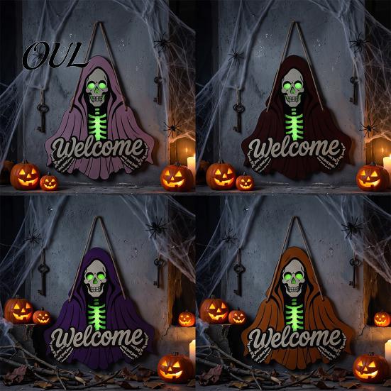 Halloween Home Accents Skeleton Welcome Sign, Spooky Wooden Grim Reaper Shaped Front Door Decoration Hanger, Horror Wall Hanging Plaque for