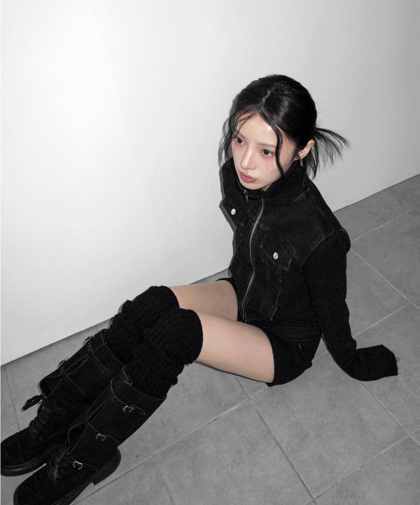 SIAOSIKO Black Denim Jacket Deep Black Knit
