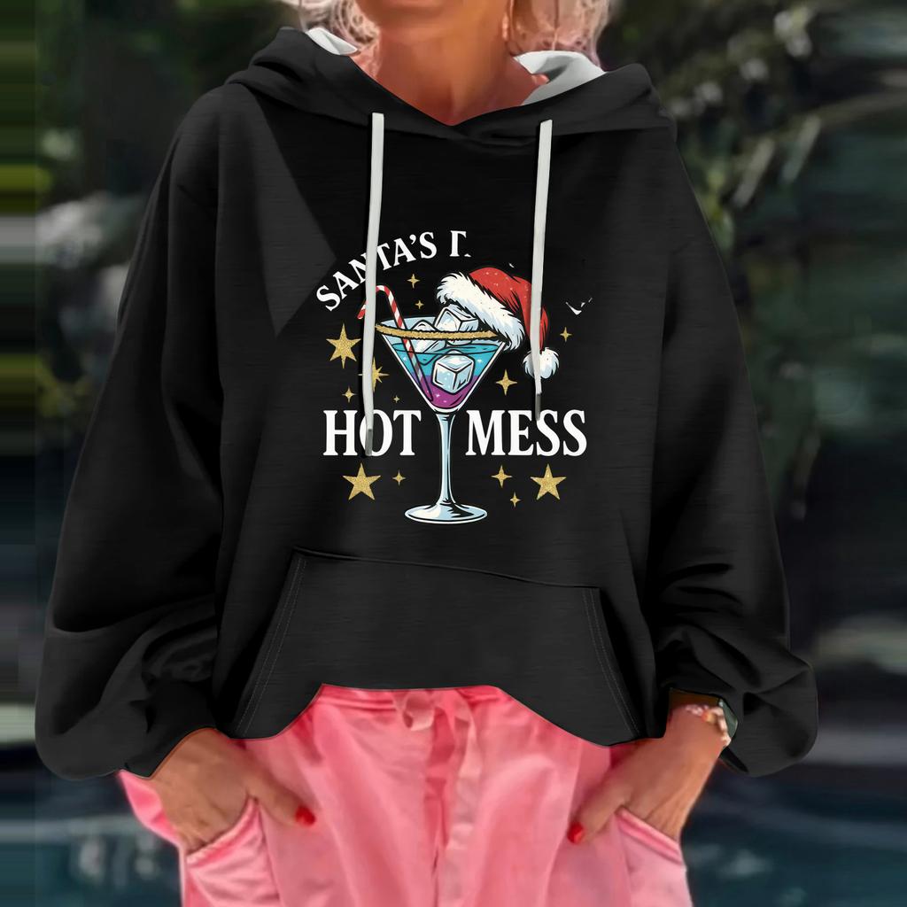 Women's Christmas Print Loose Casual Long Sleeve Hooded Sweatshirt