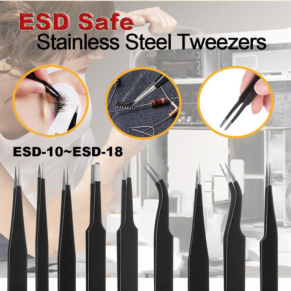 Industrial Repair Tools Anti-Static Stainless Steel Tweezers Curved Straight ESD Safe Eyebrow Clip