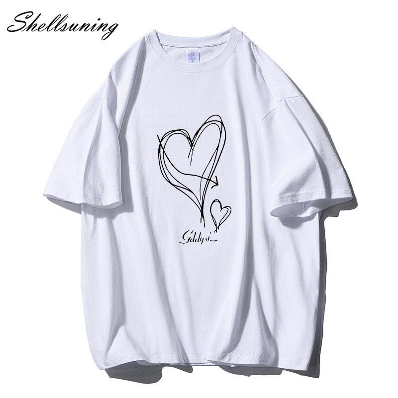 Shellsuning Kawaii футболки с принтом в виде сердца женские летние простые свободные футболки с круглым вырезом повседневные хлопковые женские топы на мягкой основе