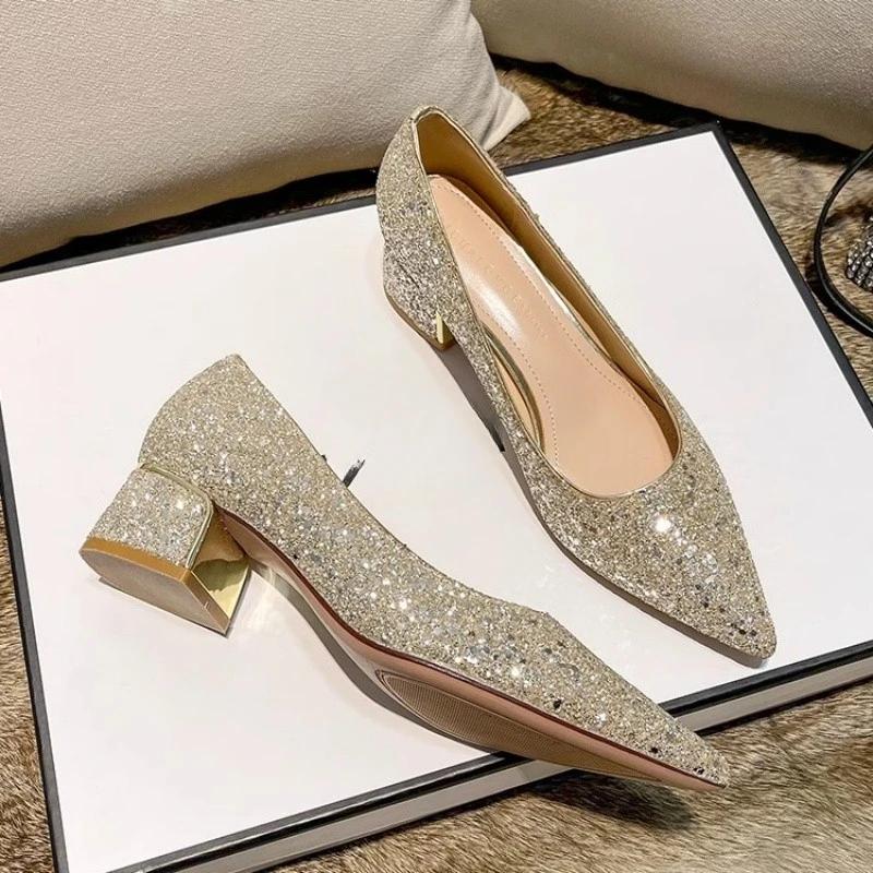 Women Pumps Sparkly Mid Heels Party Shoes for Women Sequins Glitter Heels Women Wedding Bridal High Heels Shoes Zapatos De Mujer