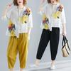 Loose Fashion Women Round Neck Irregular Printing T-Shirt+Elastic Waist Solid Nine-Point Pants Casual Two-Piece Set