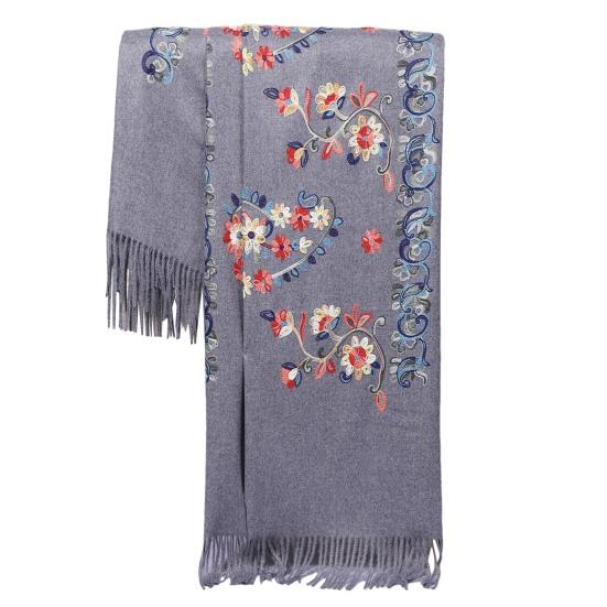 Winter Scarf Embroidery Flower Pattern Tassel Trim Long Scarf Ethnic Style Thickened Warm Women Shawl