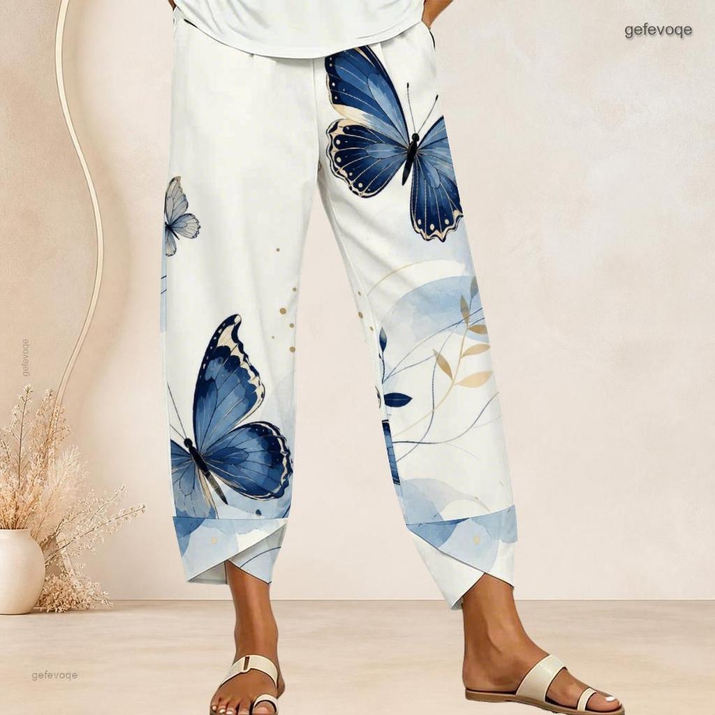 Women Plus Size Loose Butterfly Printed Cross Hem Cropped Pants
