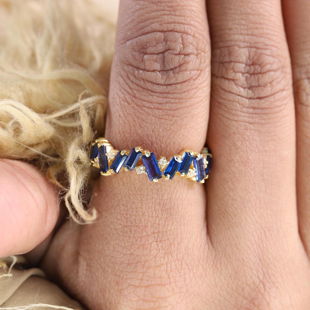 Baguette Cut Sapphire Wedding Band 18k Gold Vintage Delicate Ring Blue Gemstone Band Eternity Matching Band Birthstone Jewelry Gift For Mom