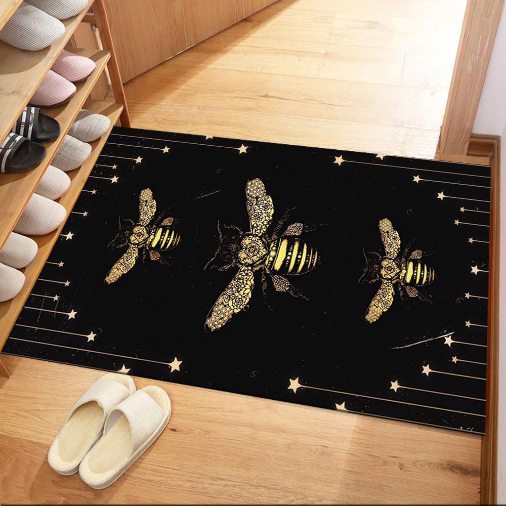 Golden Bees On Black Background Floor Mats for Living Room, Bedroom and Room Decoration Are Suitable for Gifts.