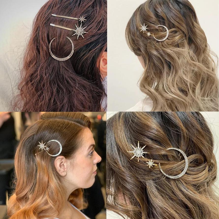 Женские хрустальные заколки для волос сбоку, металлические заколки-автоматы для волос, аксессуары для волос для девочек, набор заколок со стразами в виде звезд и луны, заколки для волос в виде звезд