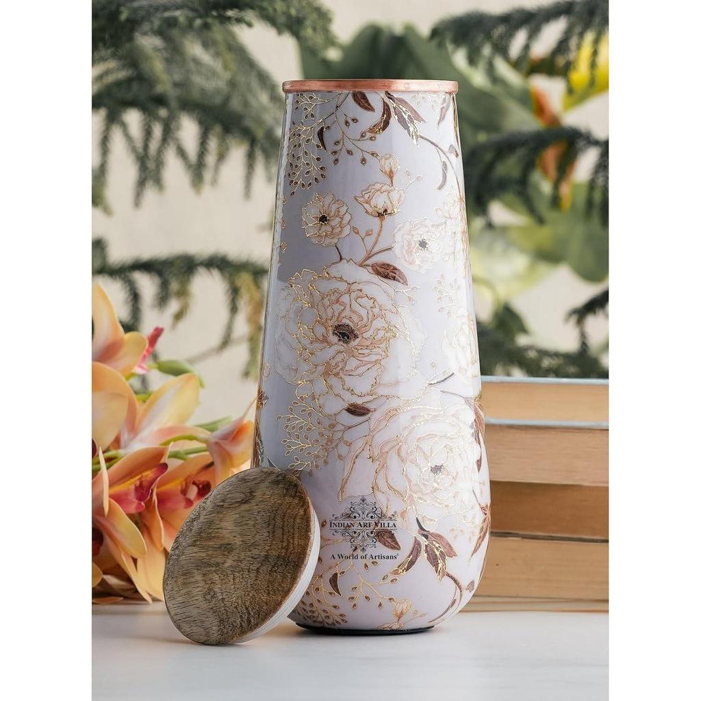 Copper Gold Printed Bottle with Wooden Lid – 1300 ML, Elegant Floral Design Copper Water Bottle for Daily Use, Home Décor, and Gifting