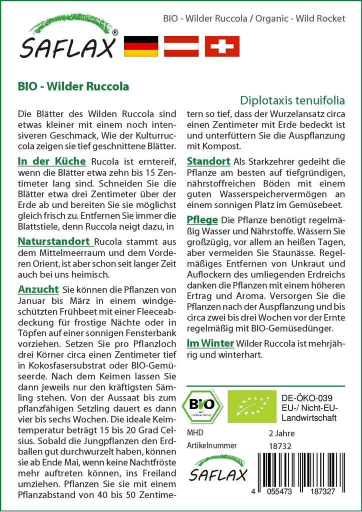 SAFLAX Garden in the Bag - Органический - Wild Rocket - 1500 семян - С субстратом в подходящем мешке - Diplotaxis tenuifolia