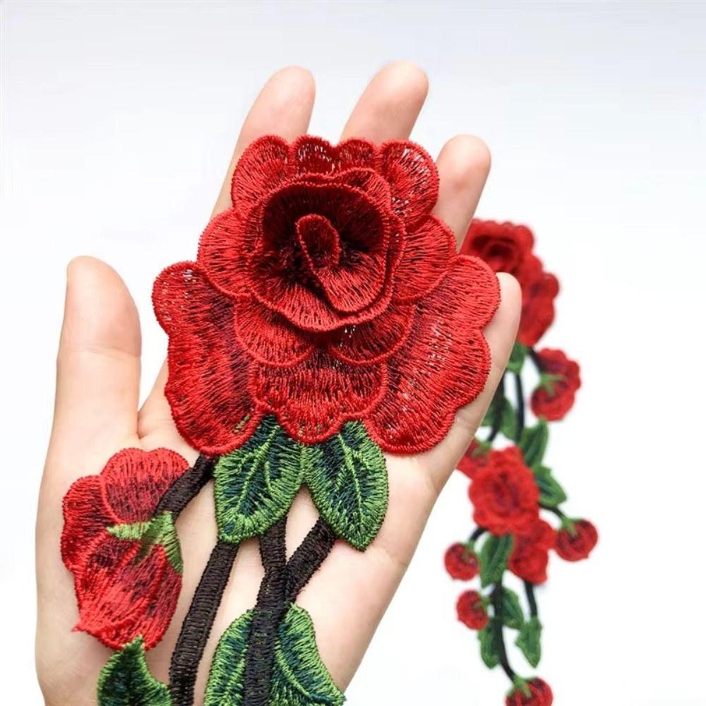 Red Roses Embroidery Flower Applique 29CM Sew On Patch Craft Supplies Rose Flower Patch