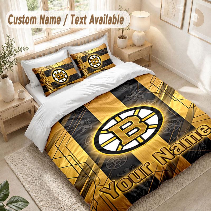 Custom Name Bedding Set 3 PiecesBoston Bruins Print Duvet Cover + 2 Pillowcases Soft Bed Decor