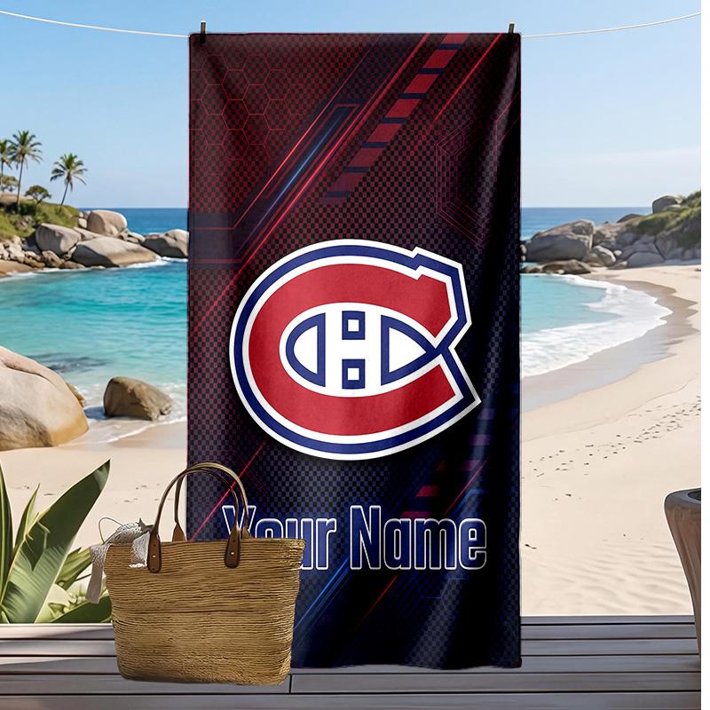 Montreal Canadiens Custom Beach Towel, Print Your Name Text Lightweight Absorbent Towel for Swimming Travel