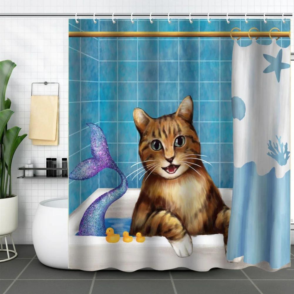 Забавные кошки Шторка для душа Кошки плывут на лодке Крутые милые кошки Собаки Цветы Летнее украшение для ванной комнаты Полиэстер Шторки для ванны