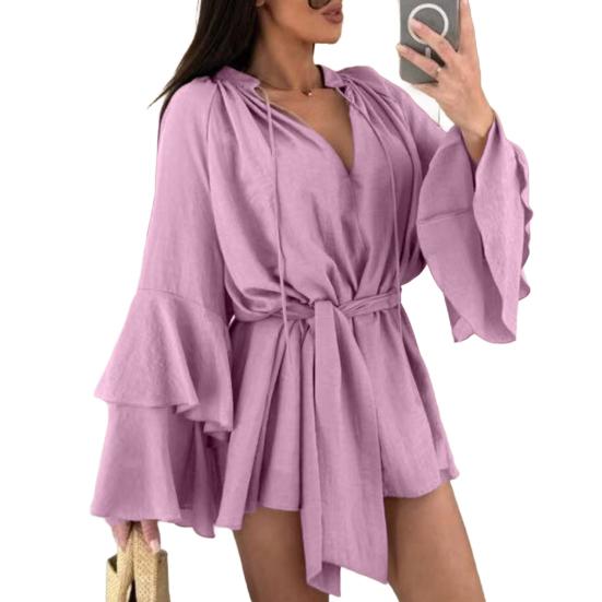 Женское летнее платье-рубашка с оборками, длинными рукавами, V-образным вырезом, короткое платье из шифона, А-силуэта, завязывающегося на талии, струящееся мини-платье