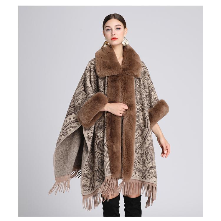 Зимняя женская куртка-накидка с шалью, жаккардовая куртка с меховым воротником, свободная твидовая куртка большого размера с рукавами семь точек