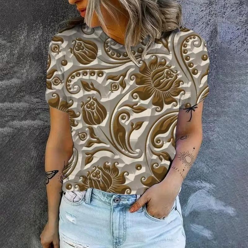 Elegant Women's T-shirt Fashion Retro Flower 3D Pattern Print T-shirt Women's Short Sleeved T-shirt Summer Leisure T-shirt