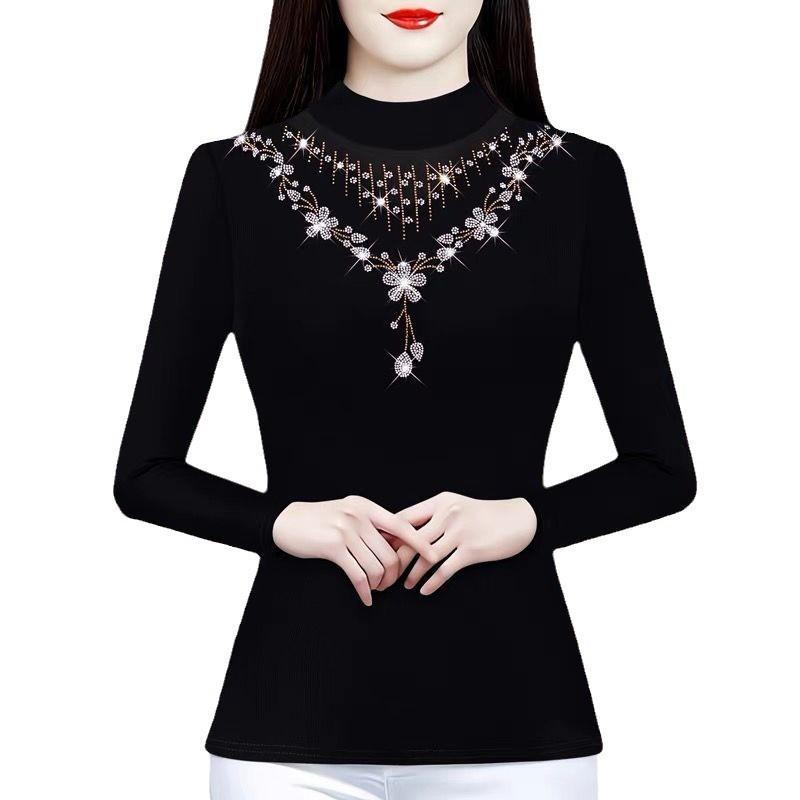 2024 Осень/Зима Женский Премиальный Топ Базового Слоя Облегающего Кроя Однотонный с Горячей Стразой