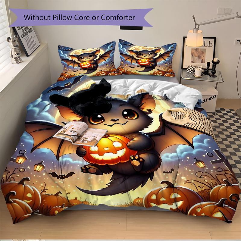 3pcs Cute Bat Halloween Print Bedding Set Soft and Comfortable, Suitable for Use in Bedrooms and Guest Rooms.N024
