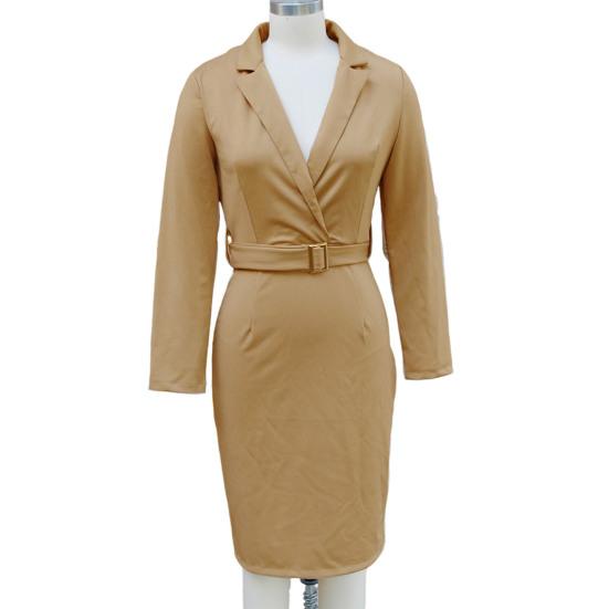 Женское рабочее платье с длинным рукавом, глубоким V-образным вырезом, облегающее, платье-футляр, костюм, наряд для церкви, учителя, для бизнеса, офиса, с квадратной пряжкой