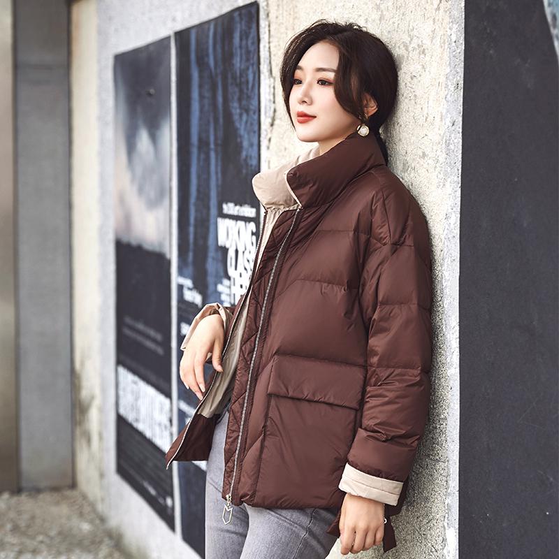 Женская белая куртка на утином пуху, зимнее свободное пуховое пальто с воротником-стойкой, женская теплая короткая зимняя верхняя одежда