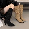 Versatile Pleated Pointed Stiletto Heel Pile Boots 2025 Women's Belt Buckle Western Cowboy Boots Knight Boots Long Boots Long Boots