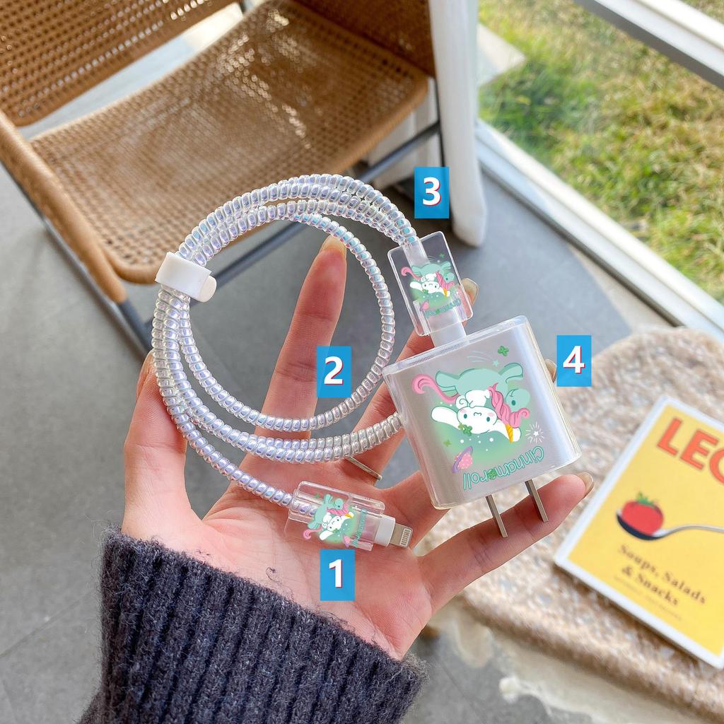 Комплект защиты кабеля данных Apple: Зарядная головка 20 Вт, прозрачный мультяшный дизайн, набор из 4 предметов