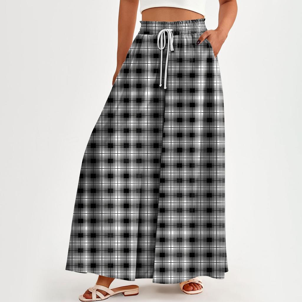 Женские брюки с высокой талией, широкие, повседневные, струящиеся брюки-палаццо, клетчатые брюки с карманом