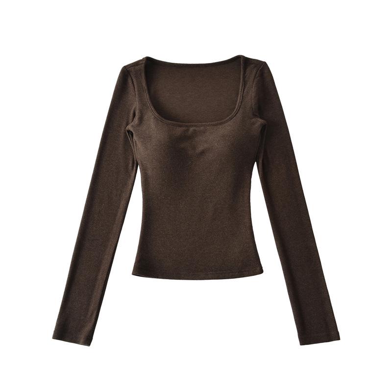 Korean Square Neck Slimming Long Sleeve T-Shirt with Chest Pads and Waist-Cinching Design for Women - Spring/Autumn