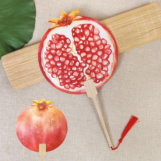 Fruit Print Fan with Wooden Long Handle Portable Lightweight Outdoor Travel Camping Picnic Summer Handheld Round Paper Fan