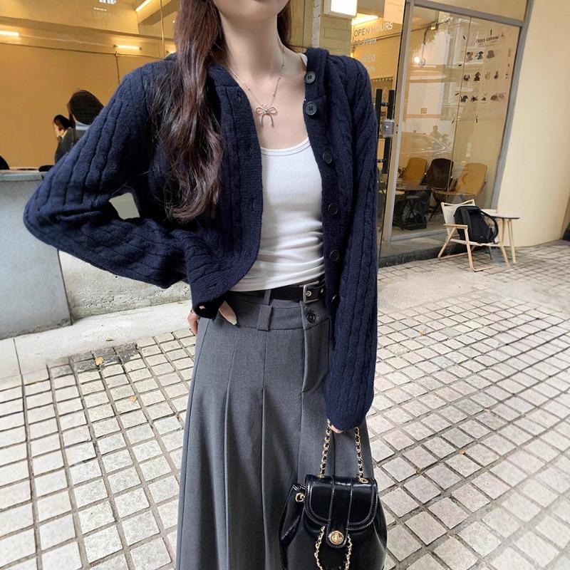 Осень и зима новый дизайн кардиган с капюшоном с длинным рукавом вязаная куртка женская тонкая однотонная темпераментная универсальная модная