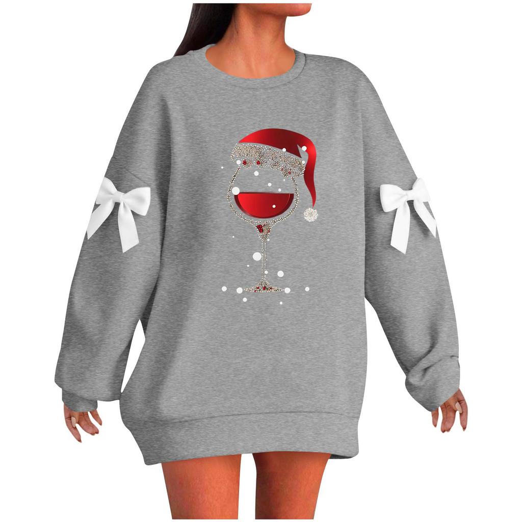 Ladies' Christmas Printed Bow Round Neck Long Sleeved Loose Pullover Sweater Sweatshirt Top