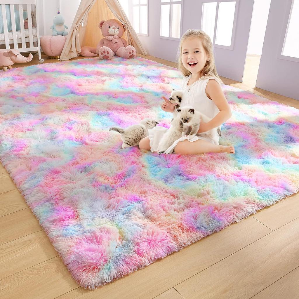 NOAHAS Soft Fluffy Rainbow Rugs for Girls Bedroom Shaggy Kids Playroom Home Decor Mat Colorful Plush Nursery Cute Fuzzy Carpet