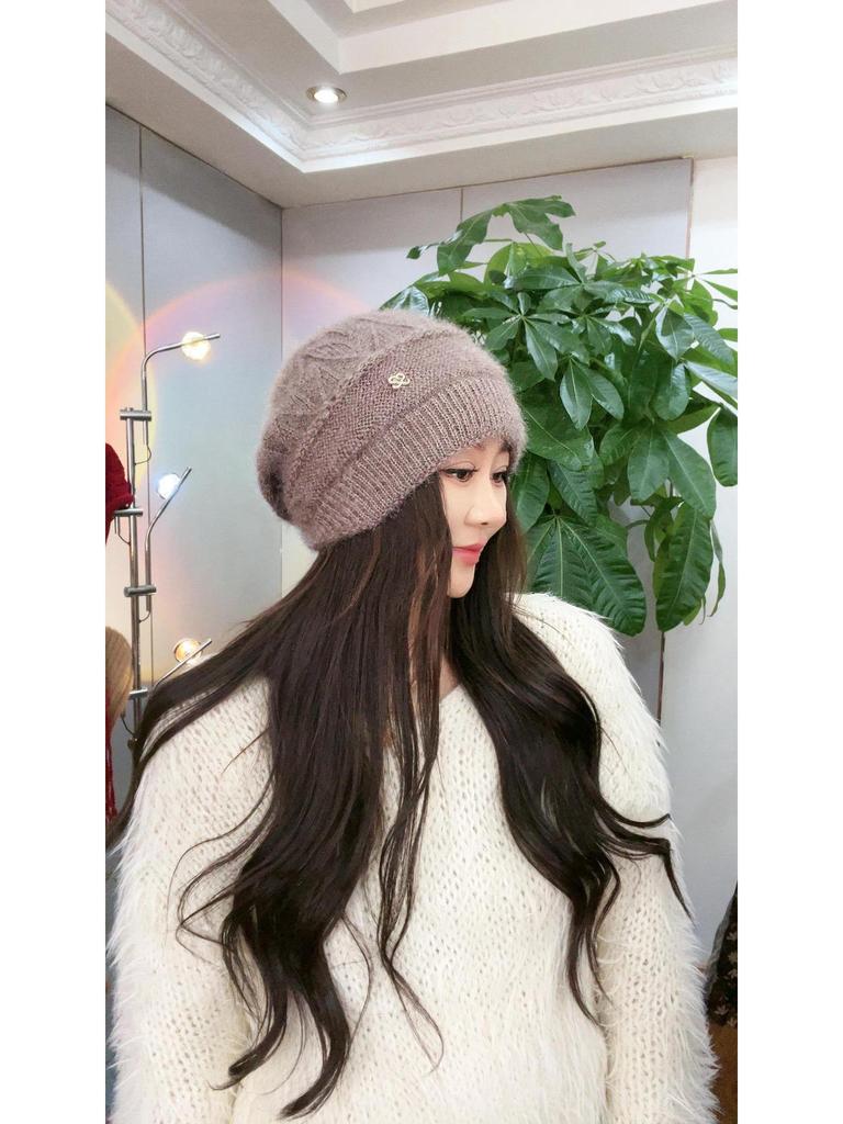 Двухслойная вязаная шерстяная шапка с большой окружностью головы и теплой подкладкой из толстого бархата