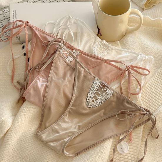 Women's Sexy Strap Satin Panties Low Rise See Through Invisible Thongs Hollow Out Thin Mesh Sheer Briefs