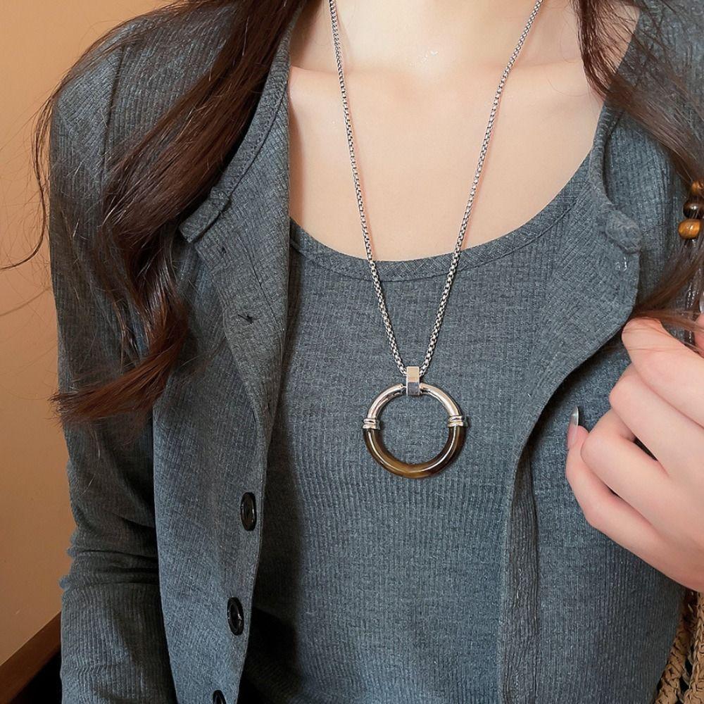 Circle Pendant Long Chain Necklace Y2K Sweater Chain Retro Amber Splicing Necklace Party