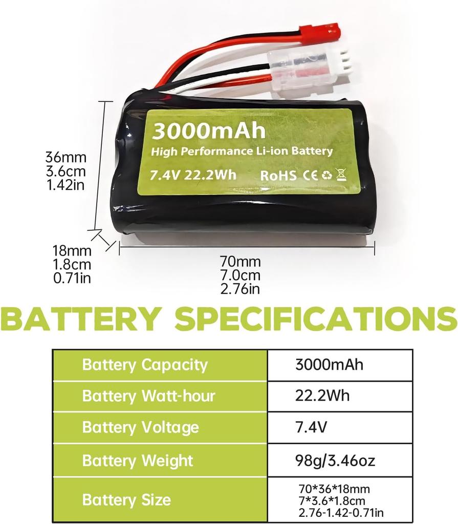 7.4V 3000mAh 15C 2S Li-ion Battery with JST-2P Plug and USB Charging Cable – for UDIRC UD1601 UD1602 SG1603 RC Car 1/10 1/12 1/16
