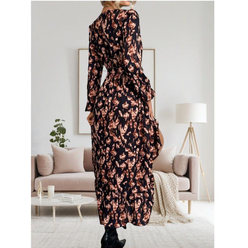 Spring & Fall New Fashion Style Fashion V Neck Print Waist-Controlled Lace-up Asymmetrical Ruffles Long Sleeves Dress Long Dress
