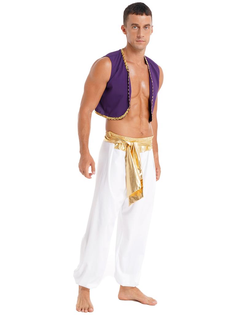 Mens Halloween Party Costume Sequin Trim Waistcoat Belted Pants Role Play Stage Performance Outfit